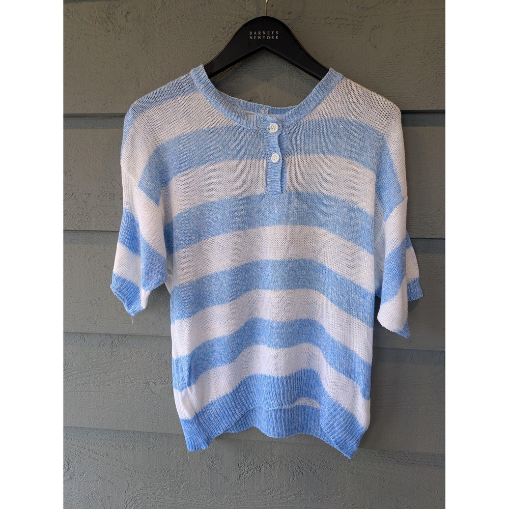 Vintage Parrinello Sweater Womens Large Blue White Striped Linen Henley 80s